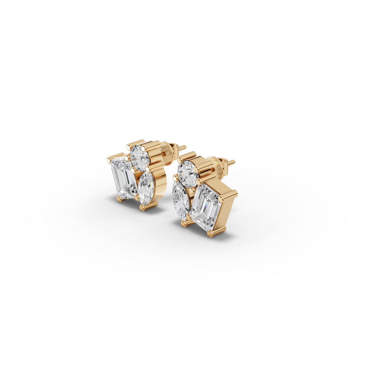 3.00 CT Mixed Shape Lab Diamond Three Stone Stud Earrings, view 3