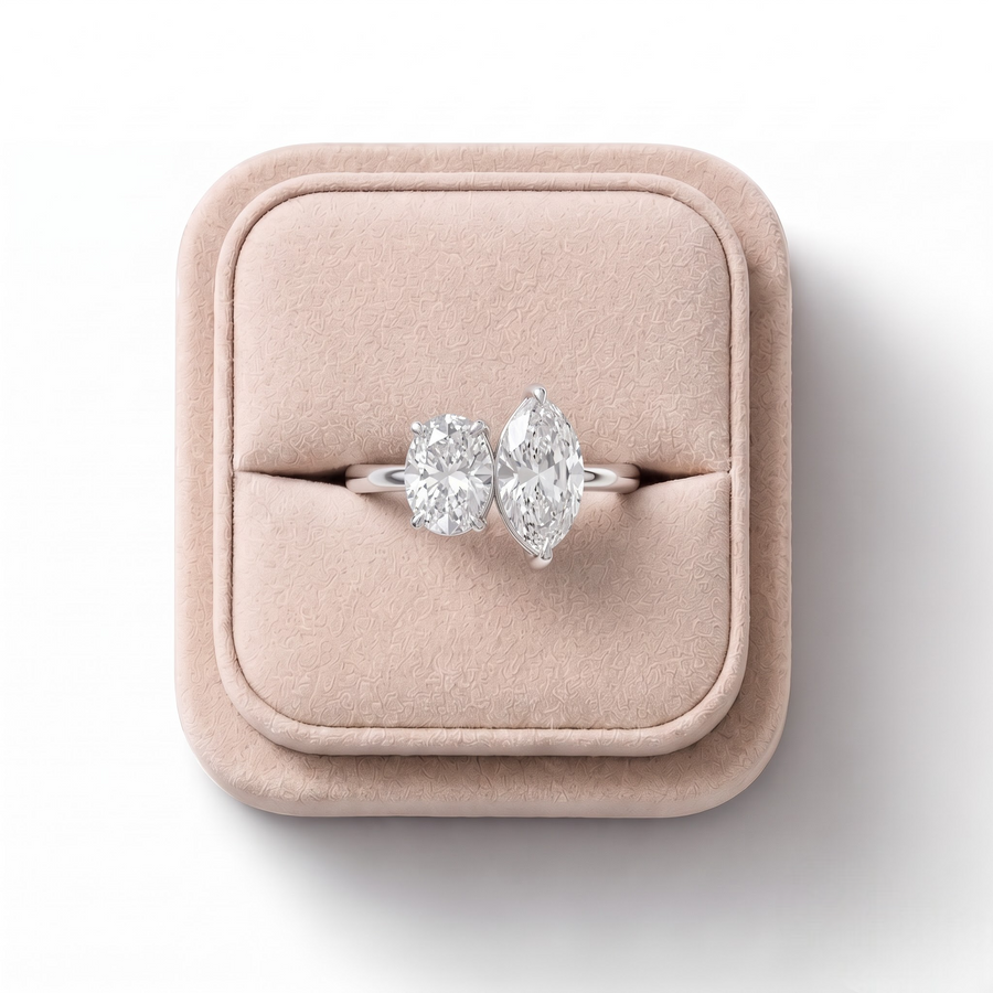 3.00 Ct Oval Marquise Toi et Moi Lab Grown Diamond Ring, on a white background