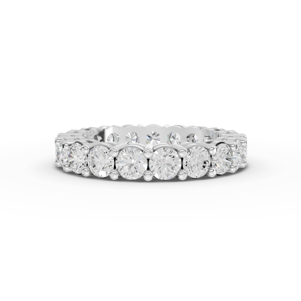 3.05 ct round lab diamond shared-prong full eternity ring with continuous diamonds around the band