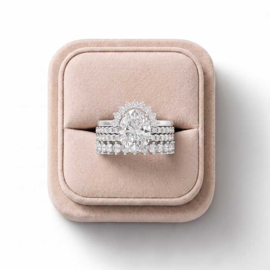 3.17 CT Oval Halo With Side Stone Lab Grown Diamond Band Ring 2.00 CT Center, on a white background