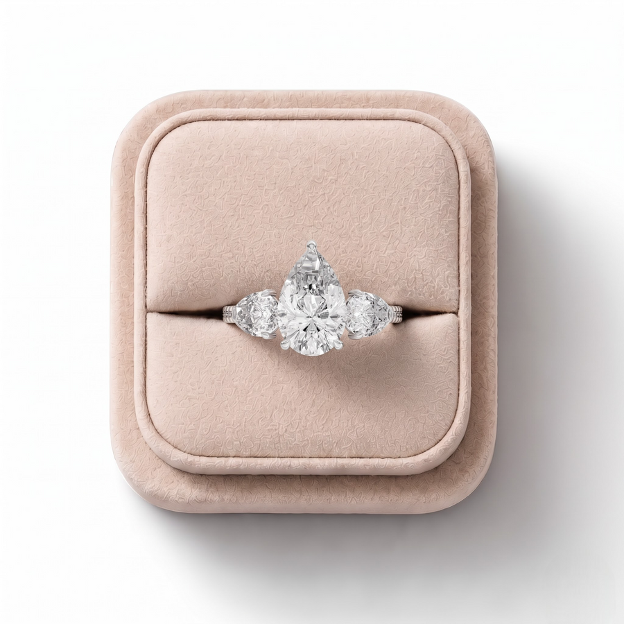 3.18 CT Pear Three-Stone Pavé Lab Grown Diamond Ring, in its gift box