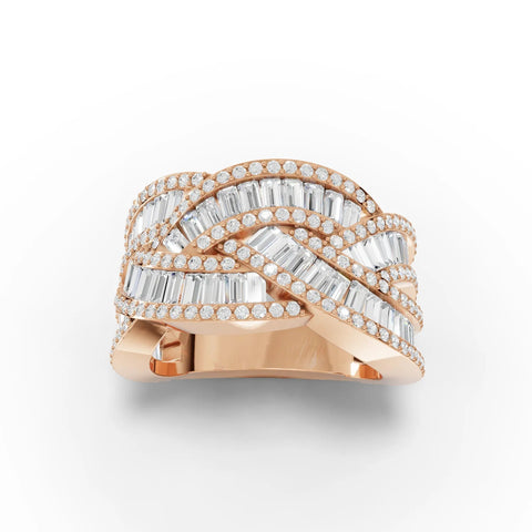 Woven multi-row diamond ring featuring round and baguette lab-grown diamonds in a rose gold setting, showcasing a crisscross design.