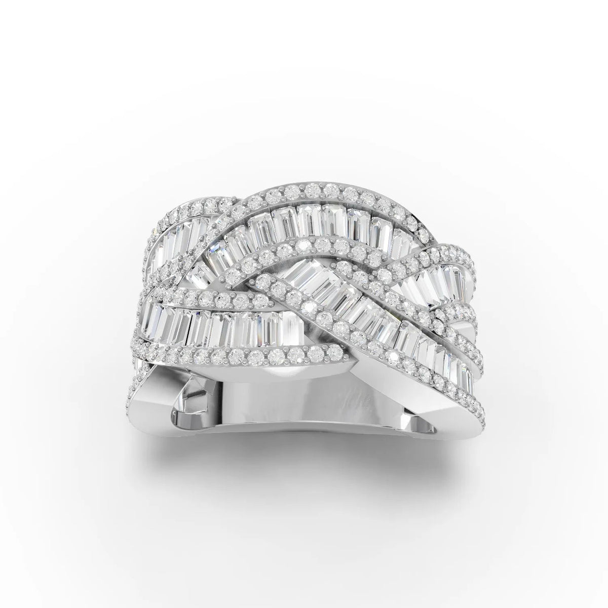 Woven multi-row ring featuring 3.19 CT of round and baguette lab-grown diamonds in a structured, crisscross design.