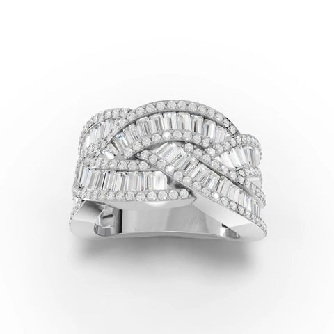 Woven multi-row ring featuring 3.19 CT of round and baguette lab-grown diamonds in a structured, crisscross design.