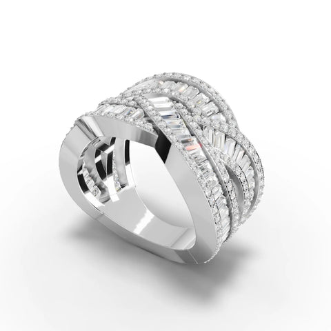 Woven multi-row ring featuring baguette and pavé round lab-grown diamonds in a sparkling silver-toned setting.