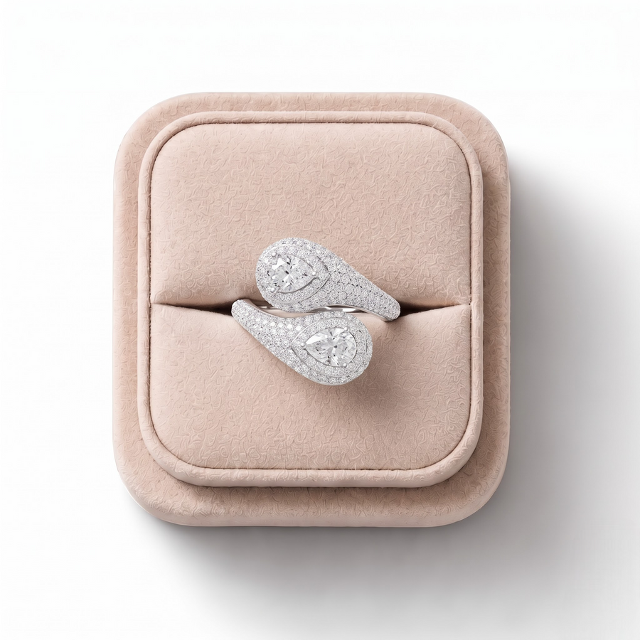 3.23 CT Pear Double Halo Wrap Cocktail Lab Grown Diamond Ring, on a white background