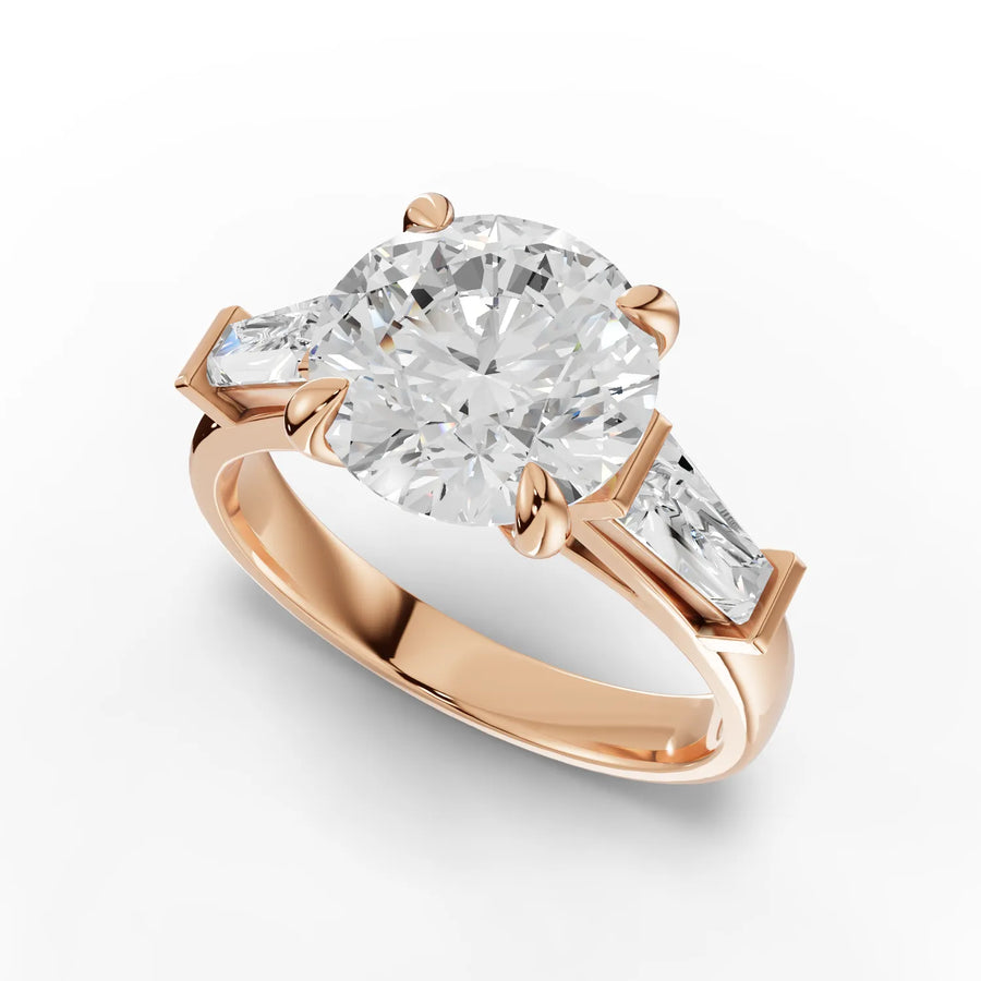 3.26 CT Round Three Stone Lab Grown Diamond Ring in rose gold, angled view