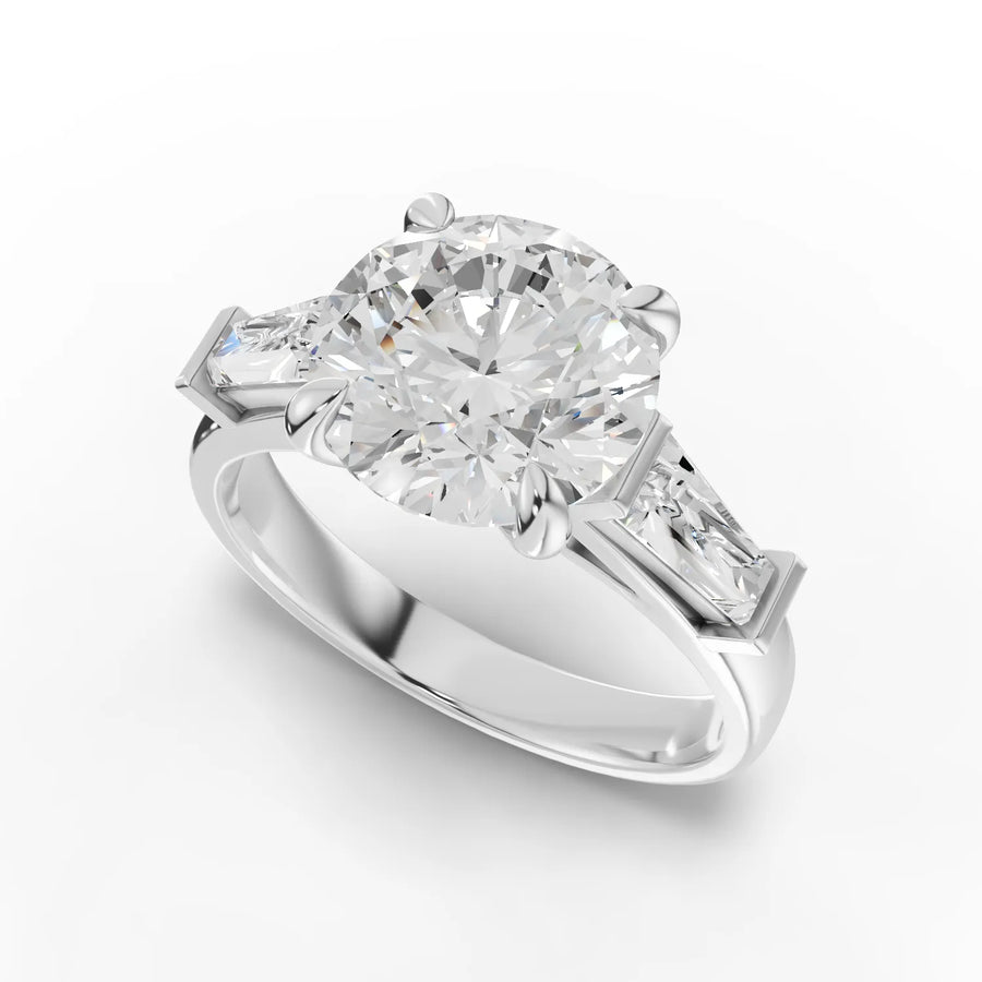 3.26 CT Round Three Stone Lab Grown Diamond Ring in white gold, angled view