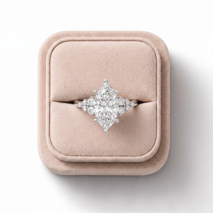3.29 CT Marquise Floral Cluster Lab Grown Diamond Engagement Ring, on a white background