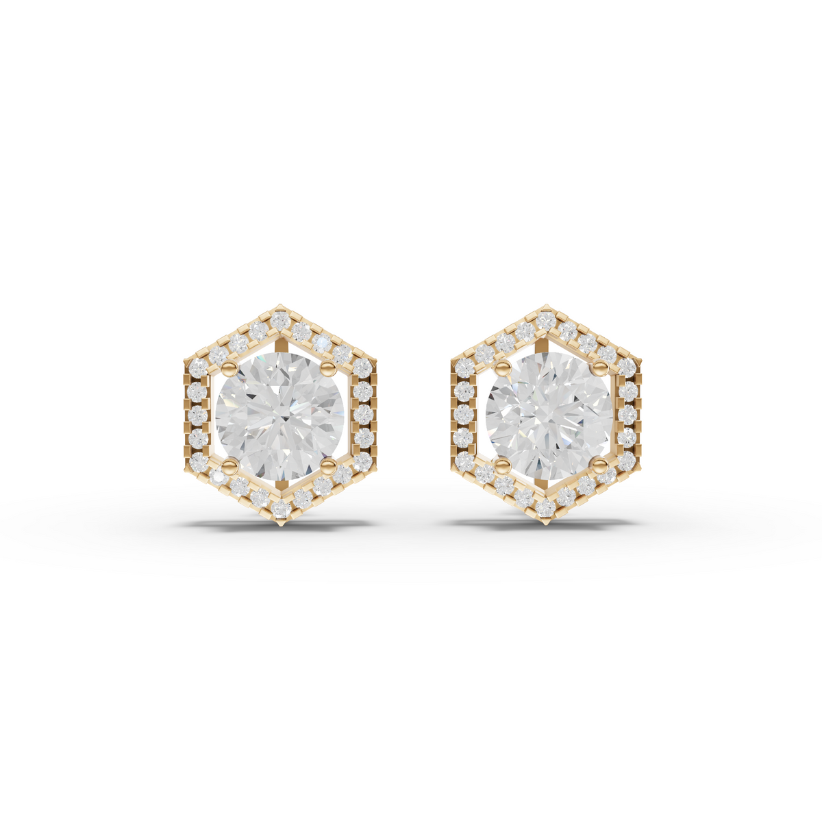 3.31 CT Hexagon Halo Round Lab Grown Diamond Stud Earrings in yellow gold