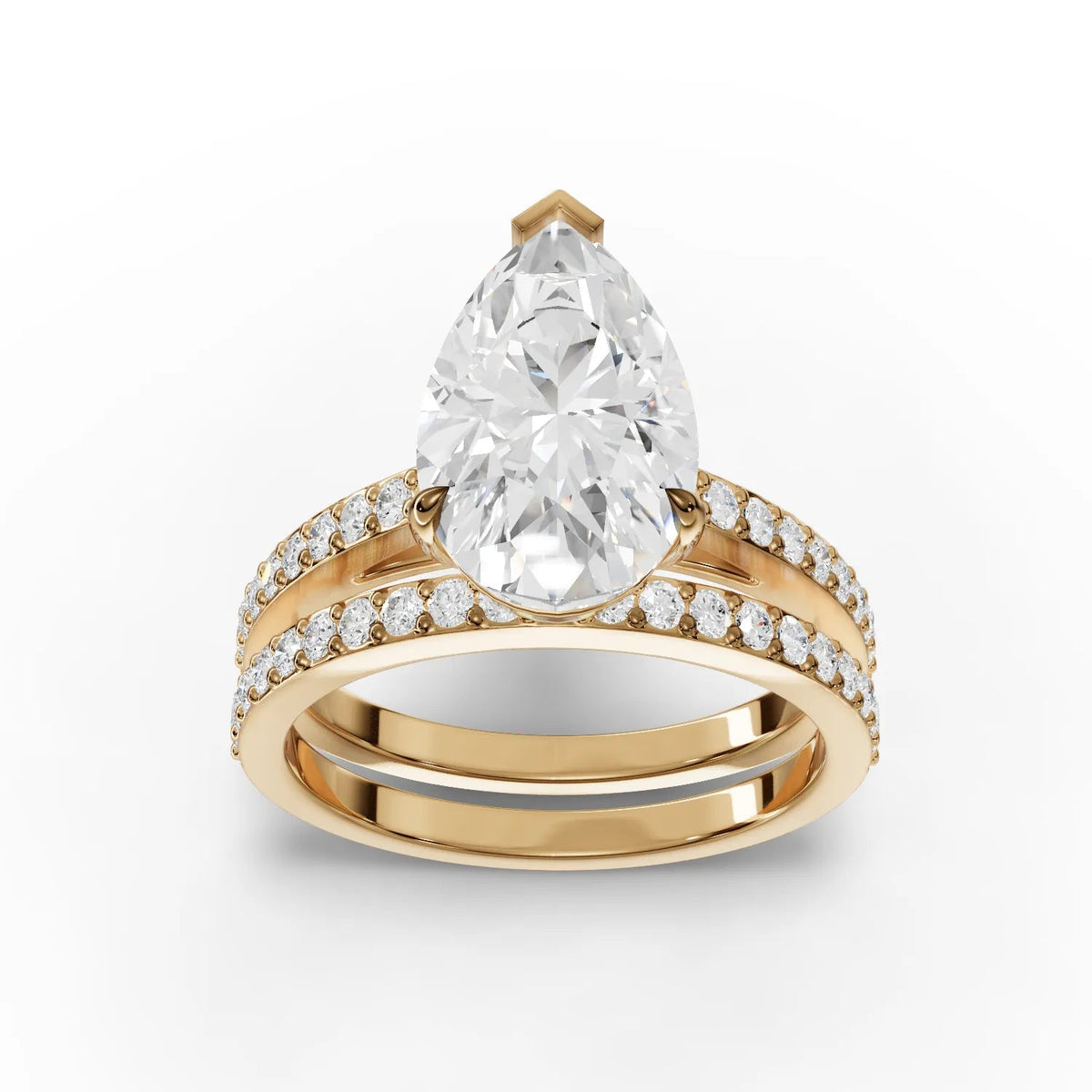 3.38 CT Pear Solitaire Pavé Set Lab Grown Diamond Ring in yellow gold, top view