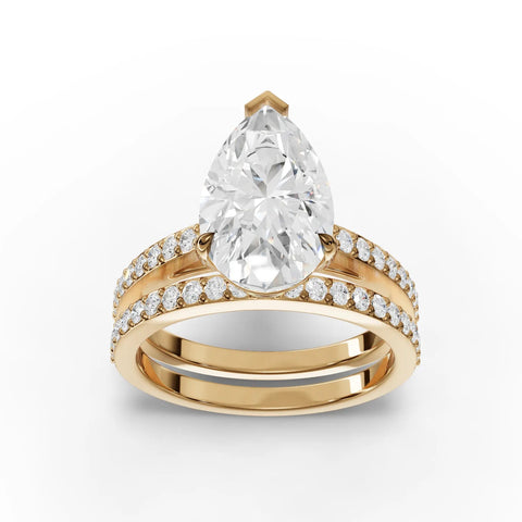 3.38 CT Pear Solitaire Pavé Set Lab Grown Diamond Ring in yellow gold, top view