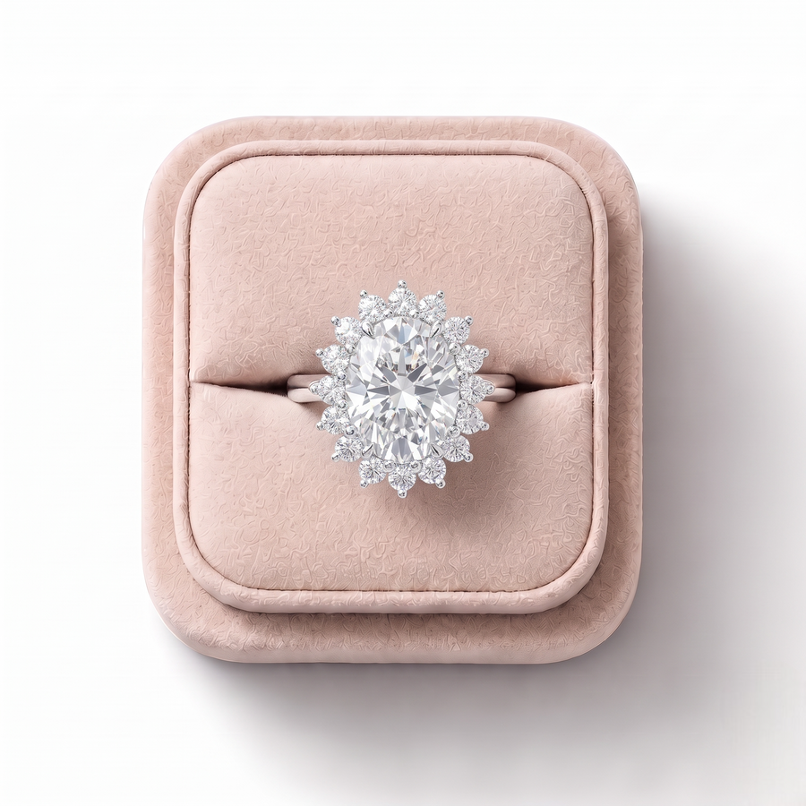 3.46 CT Oval Halo Lab Grown Diamond Ring, on a white background