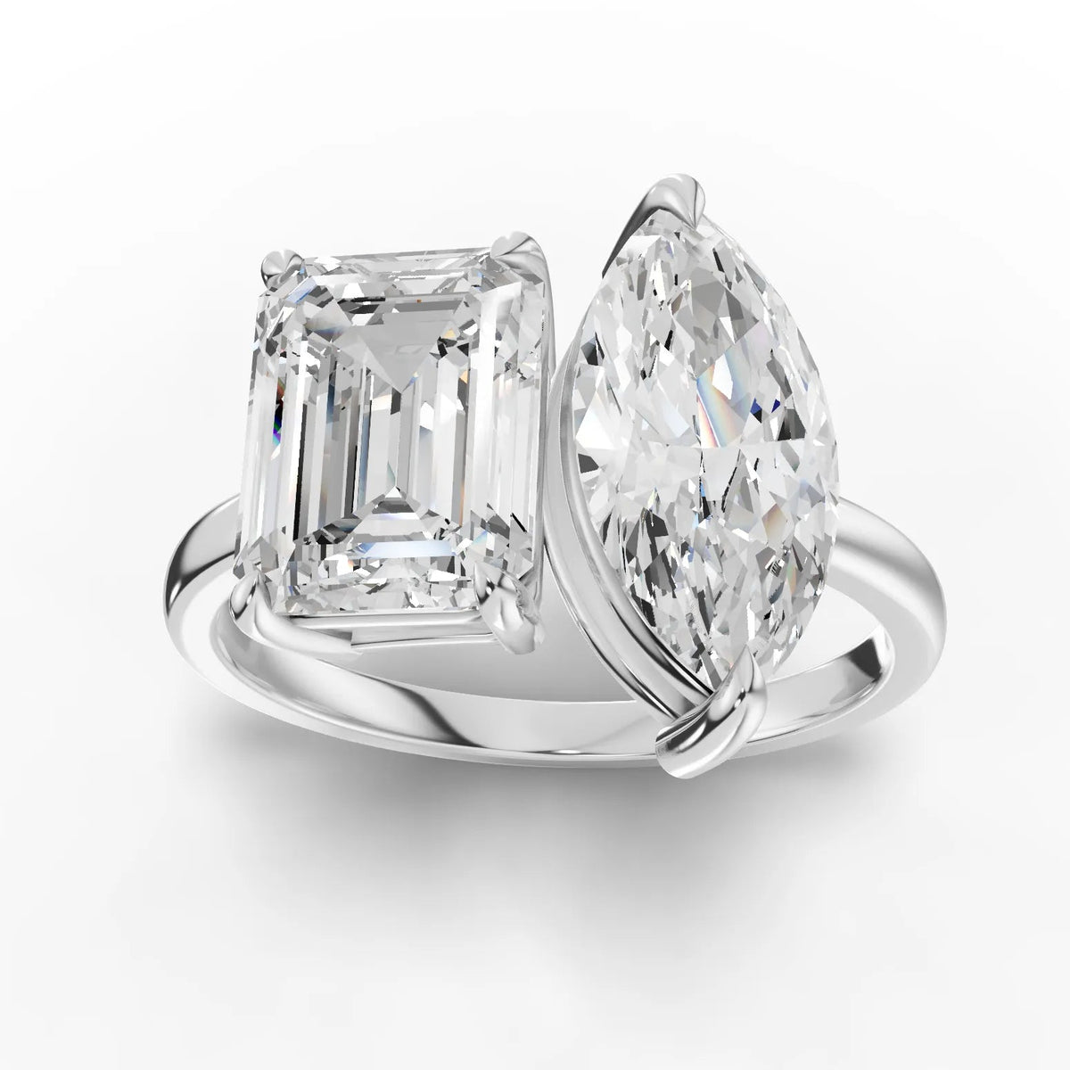 3.50 CT toi et moi lab diamond ring with emerald-cut and marquise-cut diamonds on a polished gold band