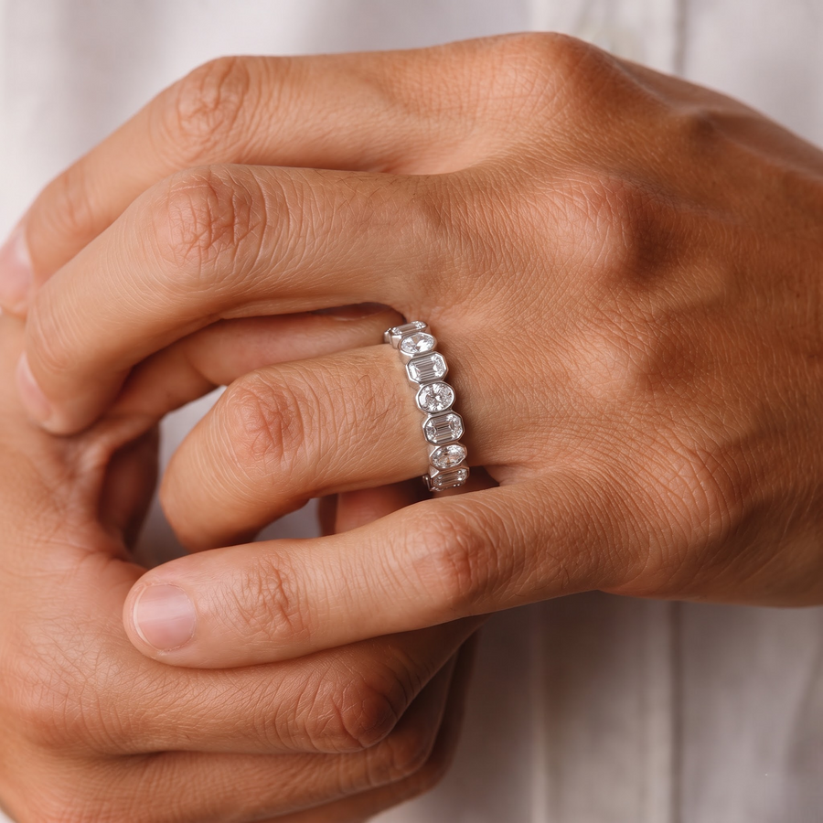 3.51 CT Mixed Cut Bezel Eternity Lab Grown Diamond Band, worn on the hand 2