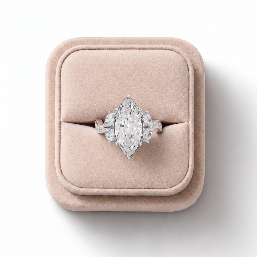 3.75 Ct Marquise Solitaire With Side Stone Lab Grown Diamond Ring 3.00 Ct Center, on a white background
