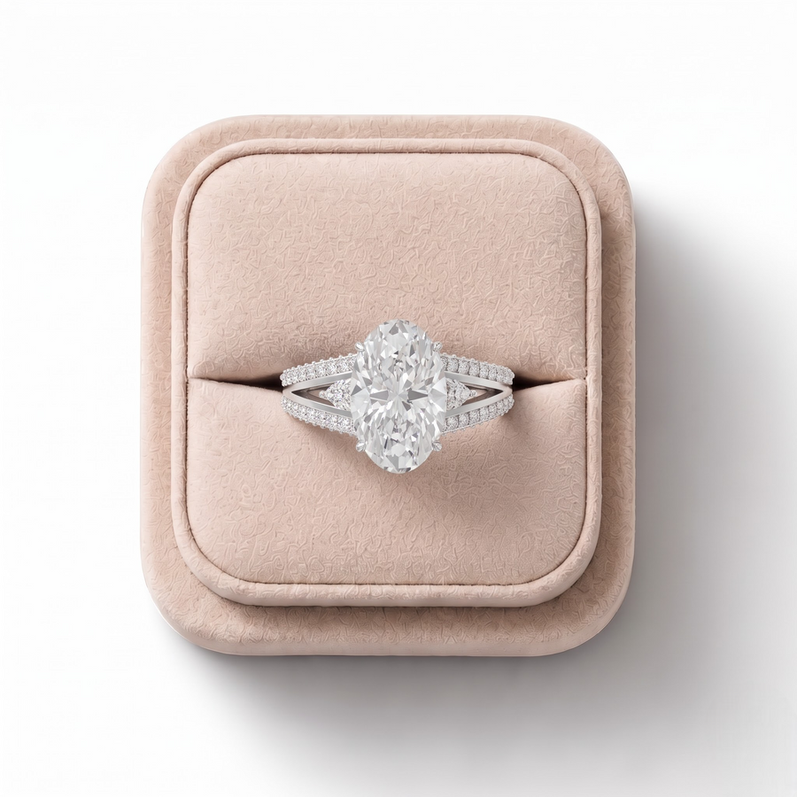 3.75 Ct Oval Hidden Halo Pavé Lab Grown Diamond Ring 3.00 Ct Center in white gold, on a white background