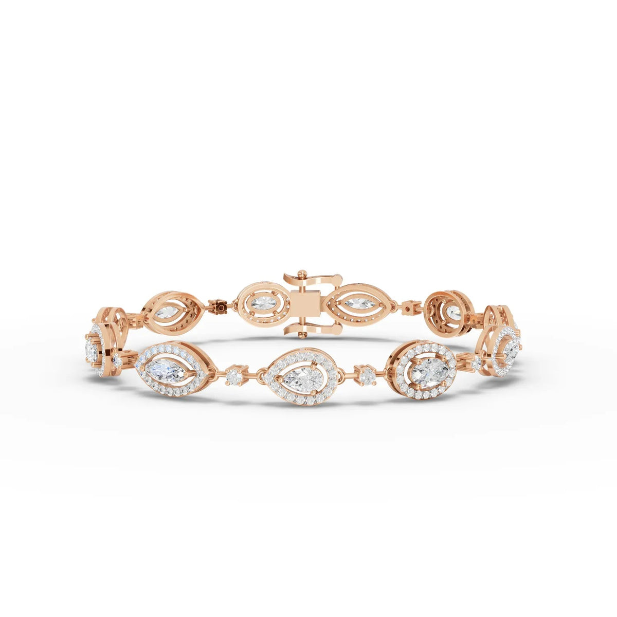 Delicate 3.91 Ct halo lab diamond bracelet in rose gold, featuring alternating pear, marquise, oval, and round-shaped diamonds.