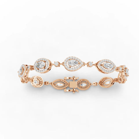 A 3.91 Ct halo lab diamond bracelet in 18K rose gold featuring a mix of pear, marquise, oval, and round diamonds.