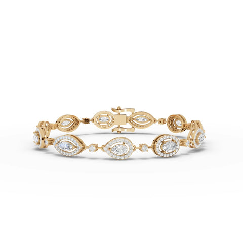 Halo lab diamond bracelet features alternating pear, marquise, oval, and round stones set in 18K gold.