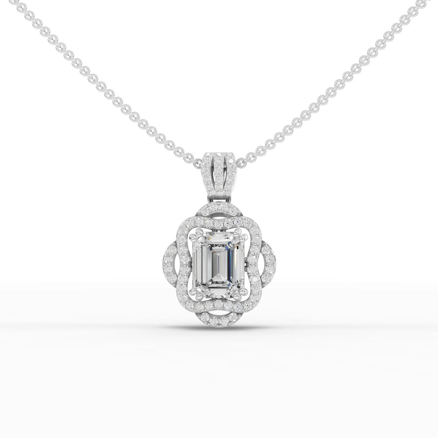 3 ct emerald cut halo lab diamond pendant necklace with vertical center stone, round diamond halo, and diamond-set bail
