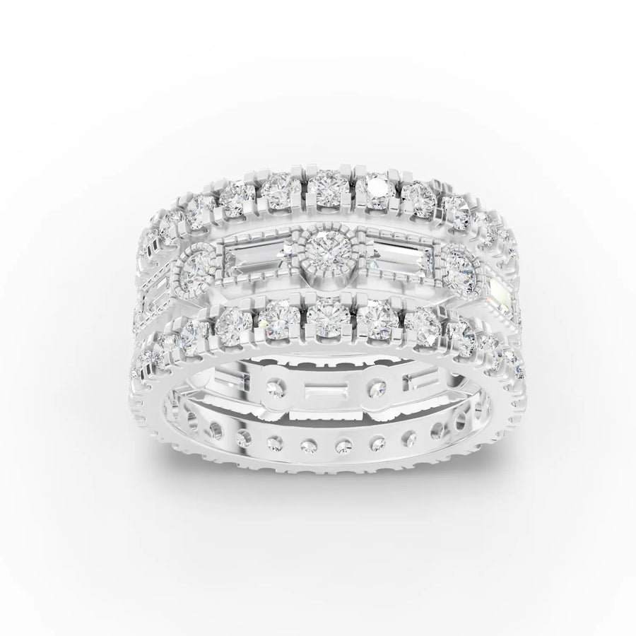 2.95 CT round and baguette multi-row pavé lab grown diamond bridal set ring with matching band