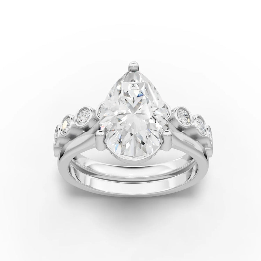 2.88 CT pear lab diamond bridal set ring with 2.50 CT center stone, 18K gold, and round accent band