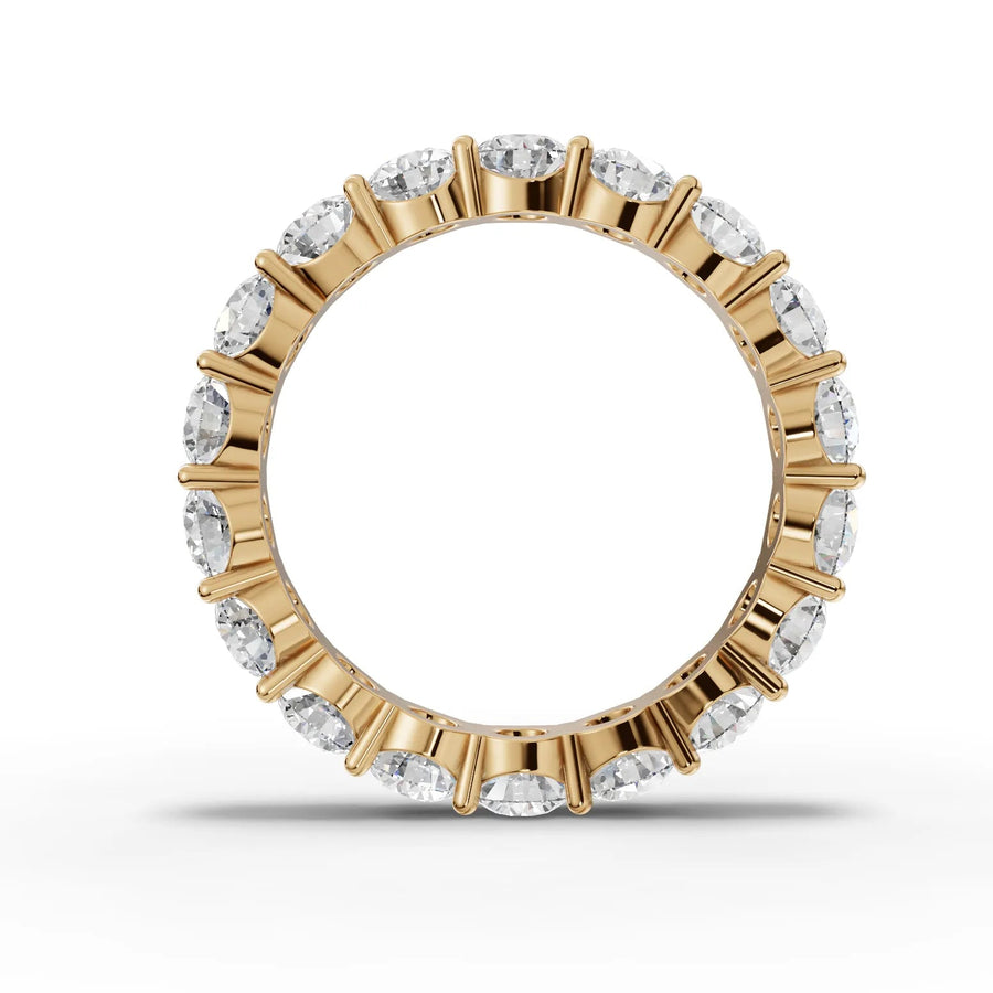 Round cut lab-grown eternity band yellow gold close-up