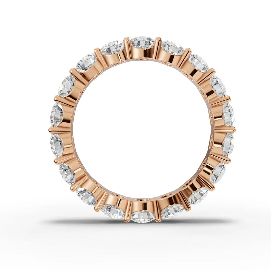 Round cut lab-grown eternity band rose gold close-up