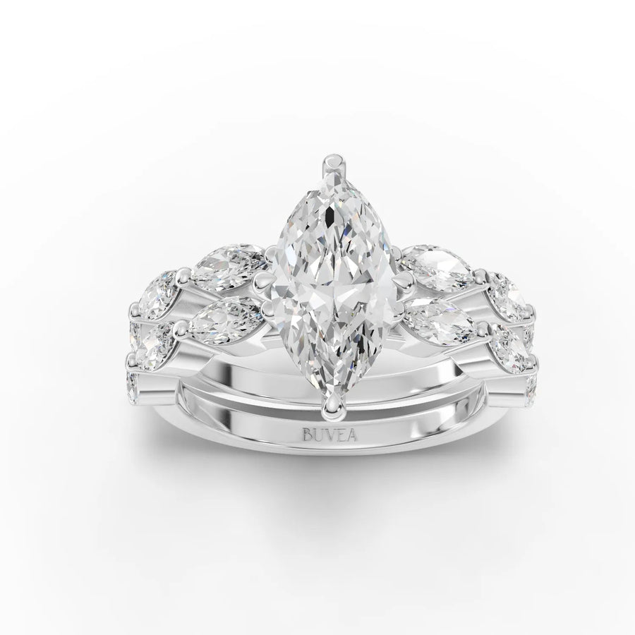 Lab grown diamond ring featuring a 1.5 CT marquise center stone with accented round diamonds on a double band.