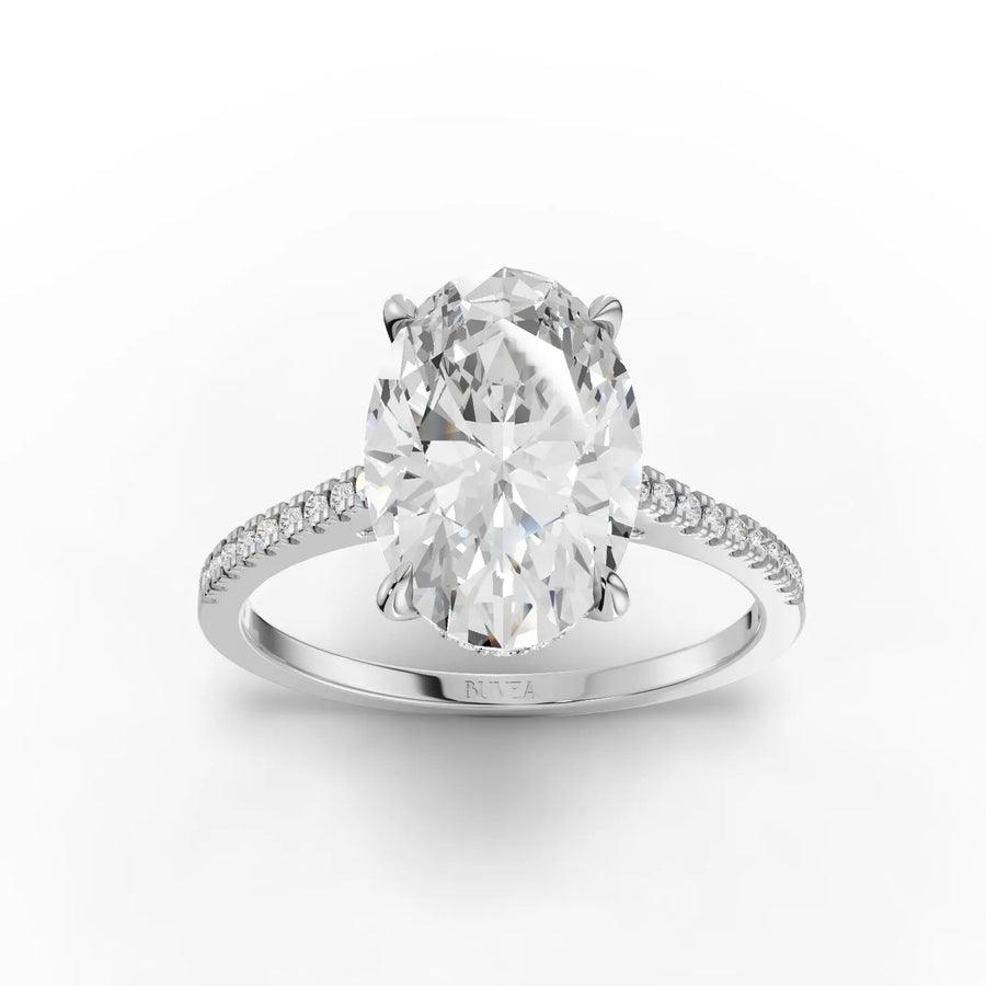 3.19 CT oval cut lab diamond ring with 3.00 ct center stone, four-prong setting, and pavé diamond band