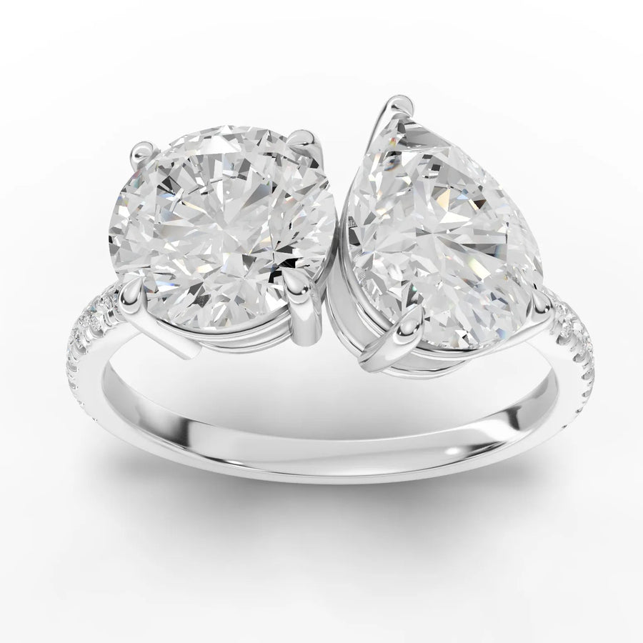2.66 ct round and pear toi et moi pavé lab diamond ring in gold with two-stone prong setting
