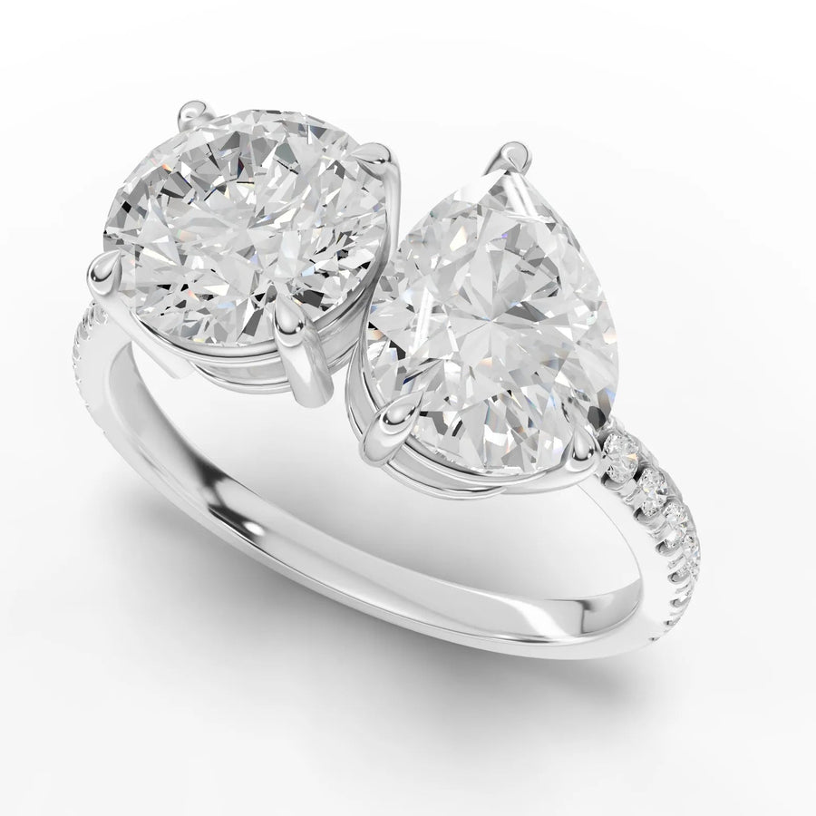 Round pear toi et moi ring white gold angle