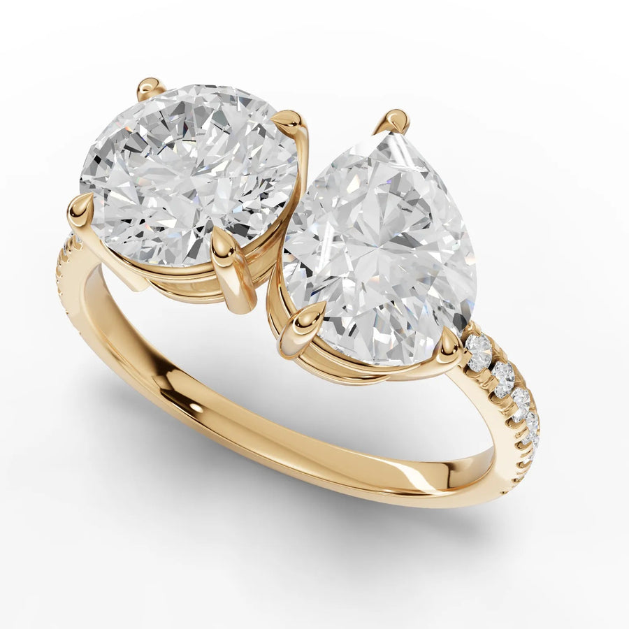 Round pear toi et moi ring yellow gold angle