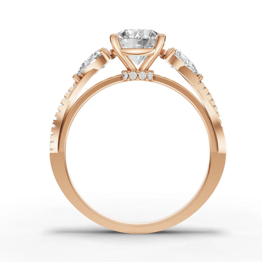 Lab-grown three-stone ring rose gold close-up