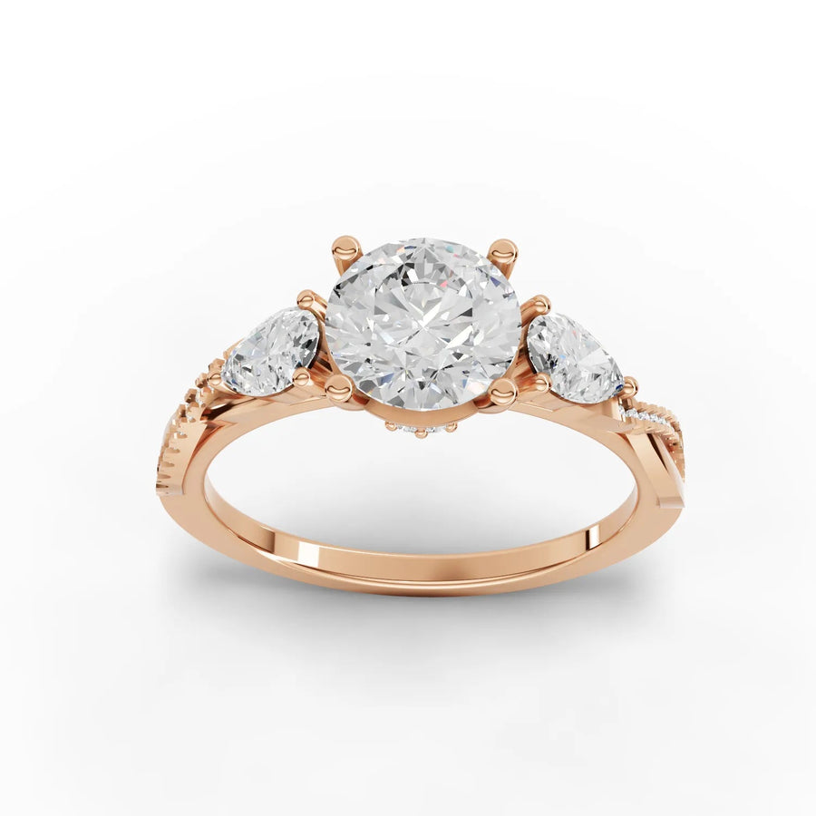 Lab-grown three-stone ring rose gold close-up