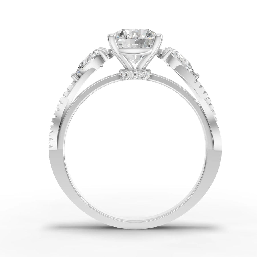 Lab-grown three-stone ring white gold close-up