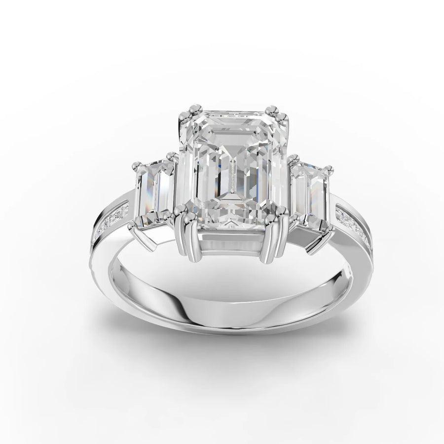 3.61 CT emerald-cut lab grown diamond three-stone halo ring in 18K gold with 2.50 CT center and baguette accents