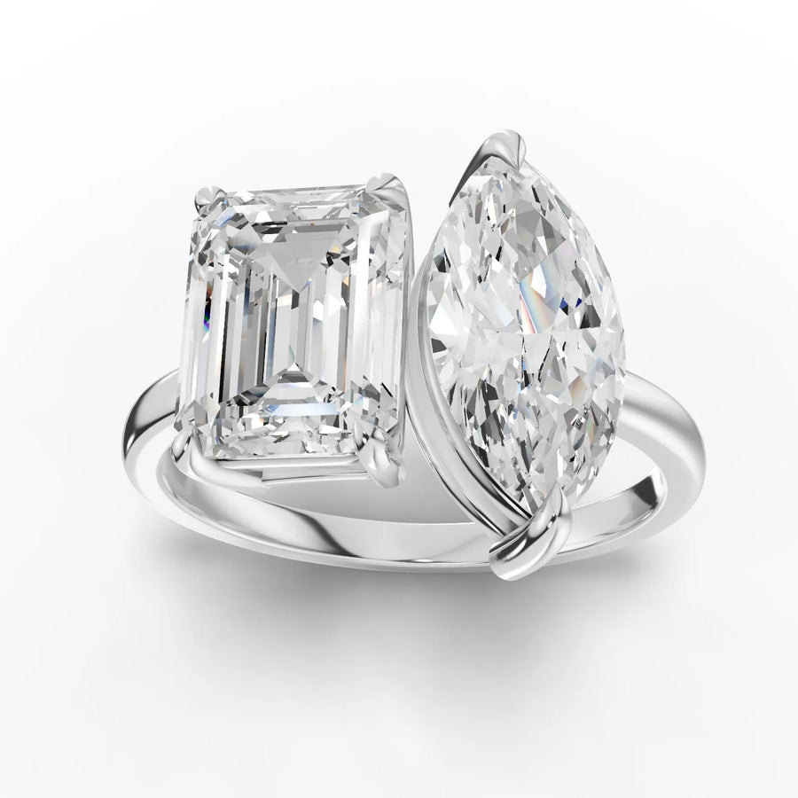 3.50 CT toi et moi lab diamond ring with emerald-cut and marquise-cut diamonds on a polished gold band