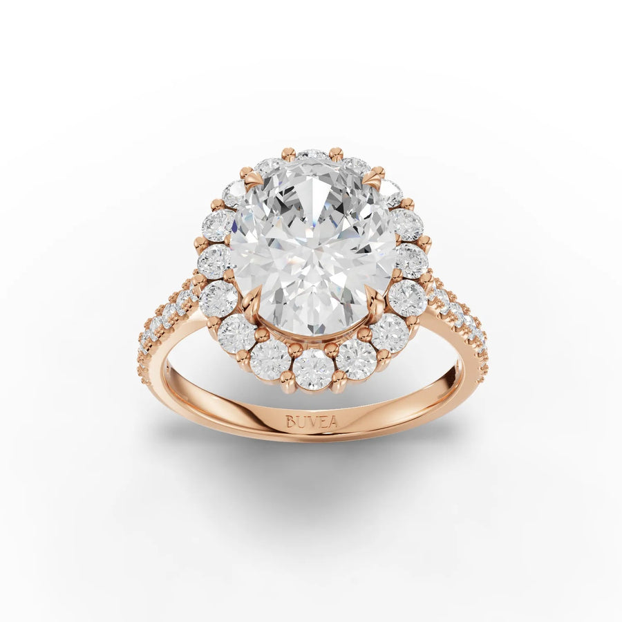 Oval halo lab-grown diamond ring rose gold top view