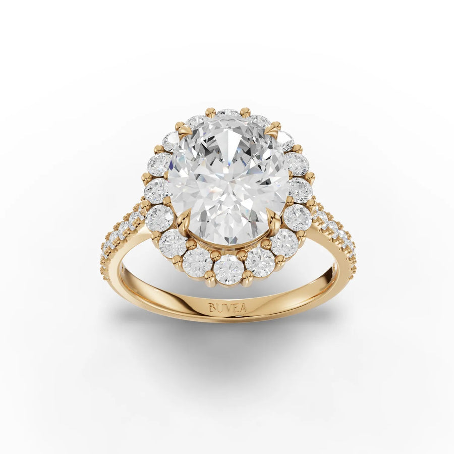 Oval halo lab-grown diamond ring yellow gold top view