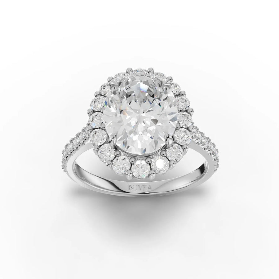 Oval halo lab-grown diamond ring white gold top view