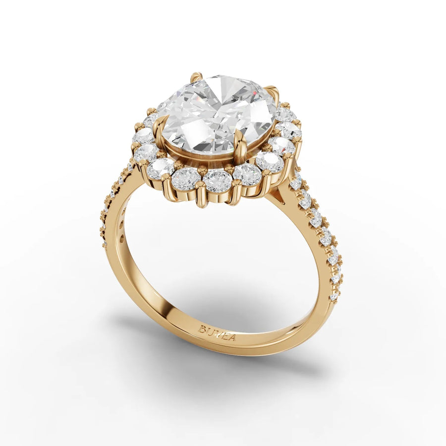 3.39 CT oval halo ring yellow gold angled profile