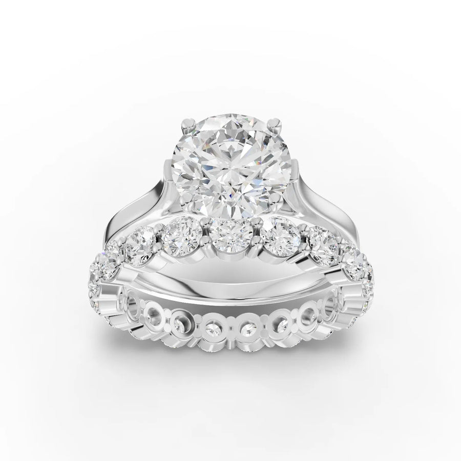 3.93 CT round lab-grown diamond bridal set with 1.90 CT center stone and matching eternity band