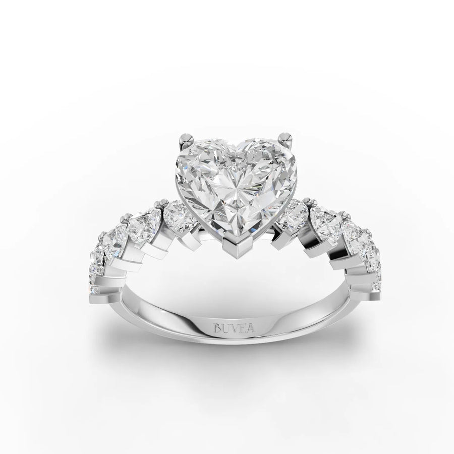 3.00 CT heart lab diamond ring with 2 CT center stone, heart side diamonds, prong setting, and 18K gold band