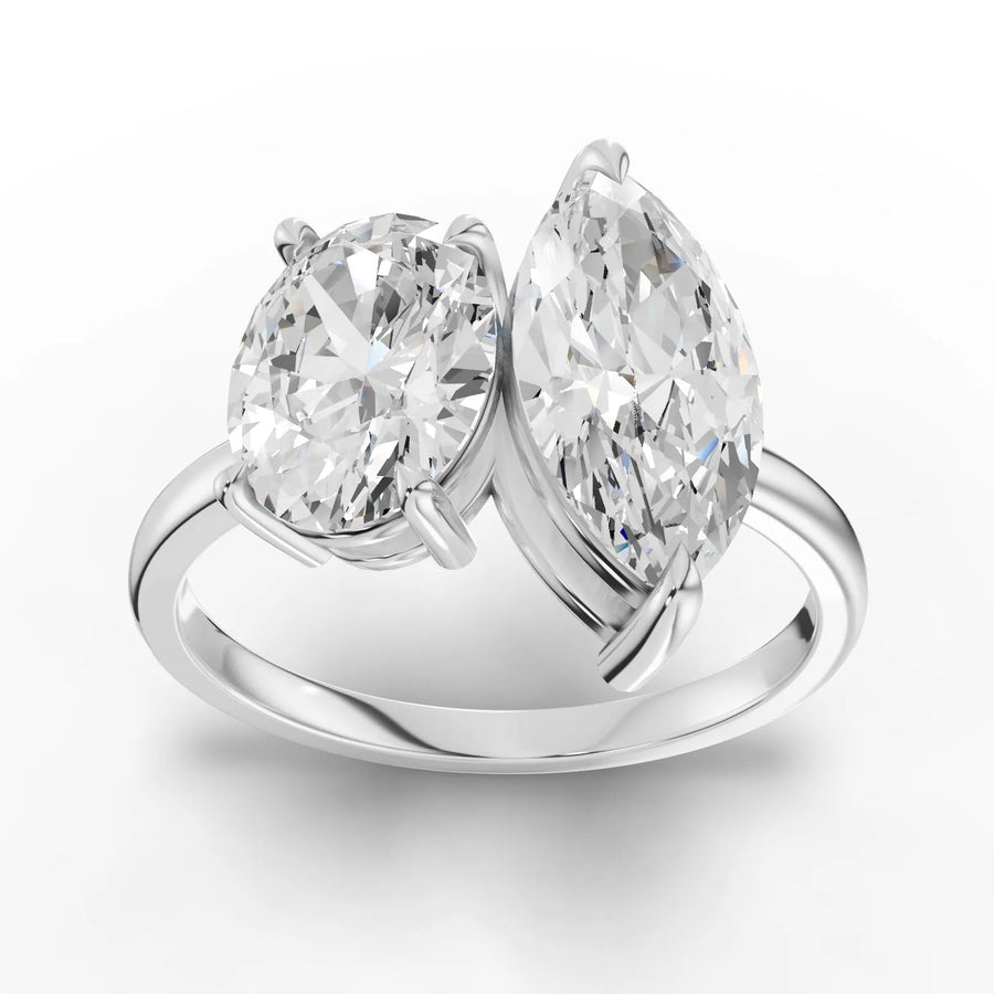 3.00 ct oval marquise toi et moi lab diamond ring with 1.50 ct oval and 1.50 ct marquise stones on a gold band