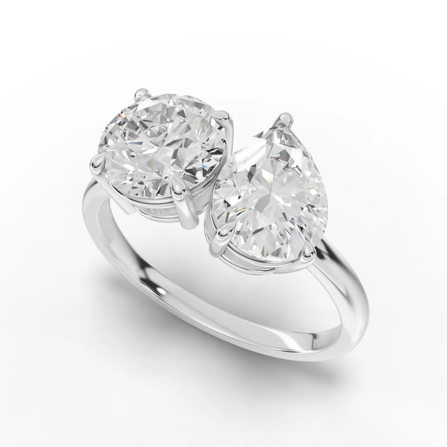 Round pear toi et moi ring white gold angle