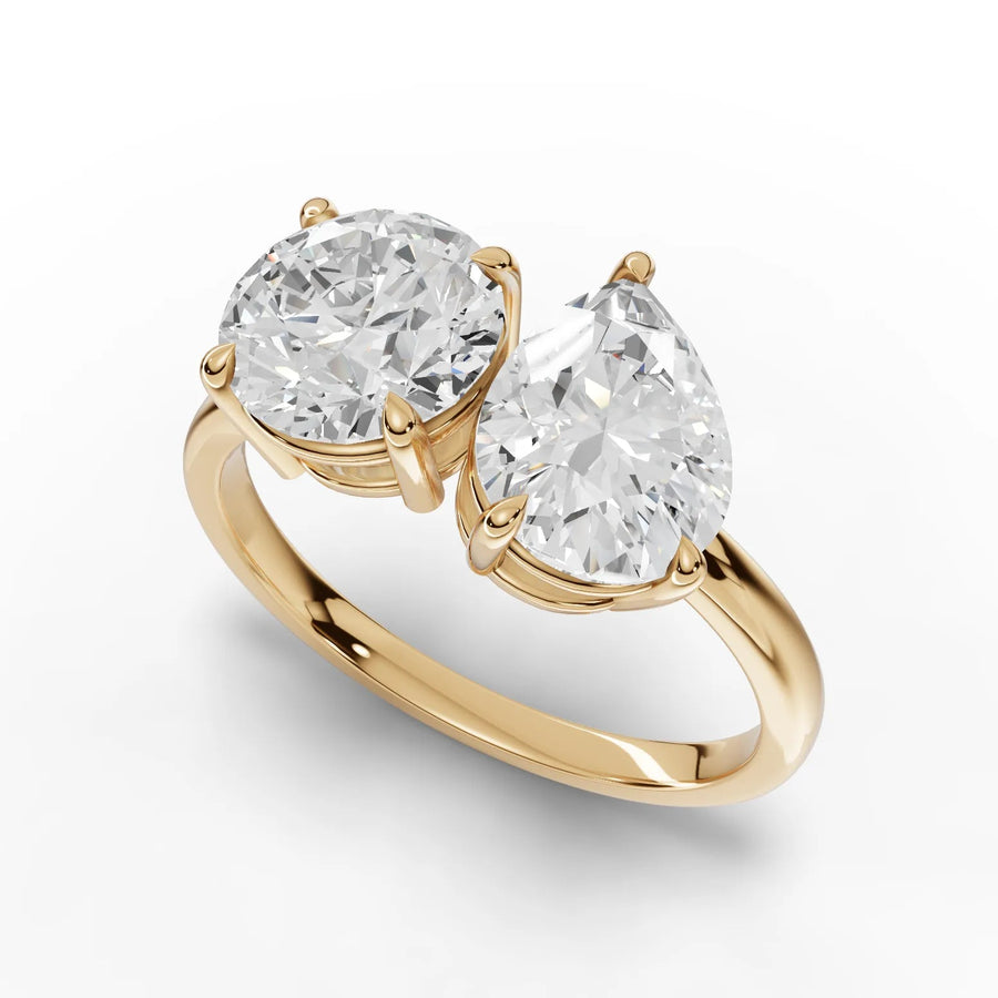 Round pear toi et moi ring yellow gold angle