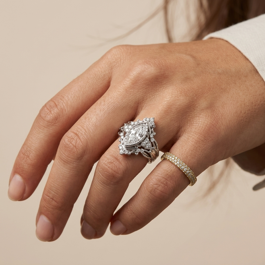 1.23 Ct Marquise Halo With Side Stone Band Set 1.00 Ct Center