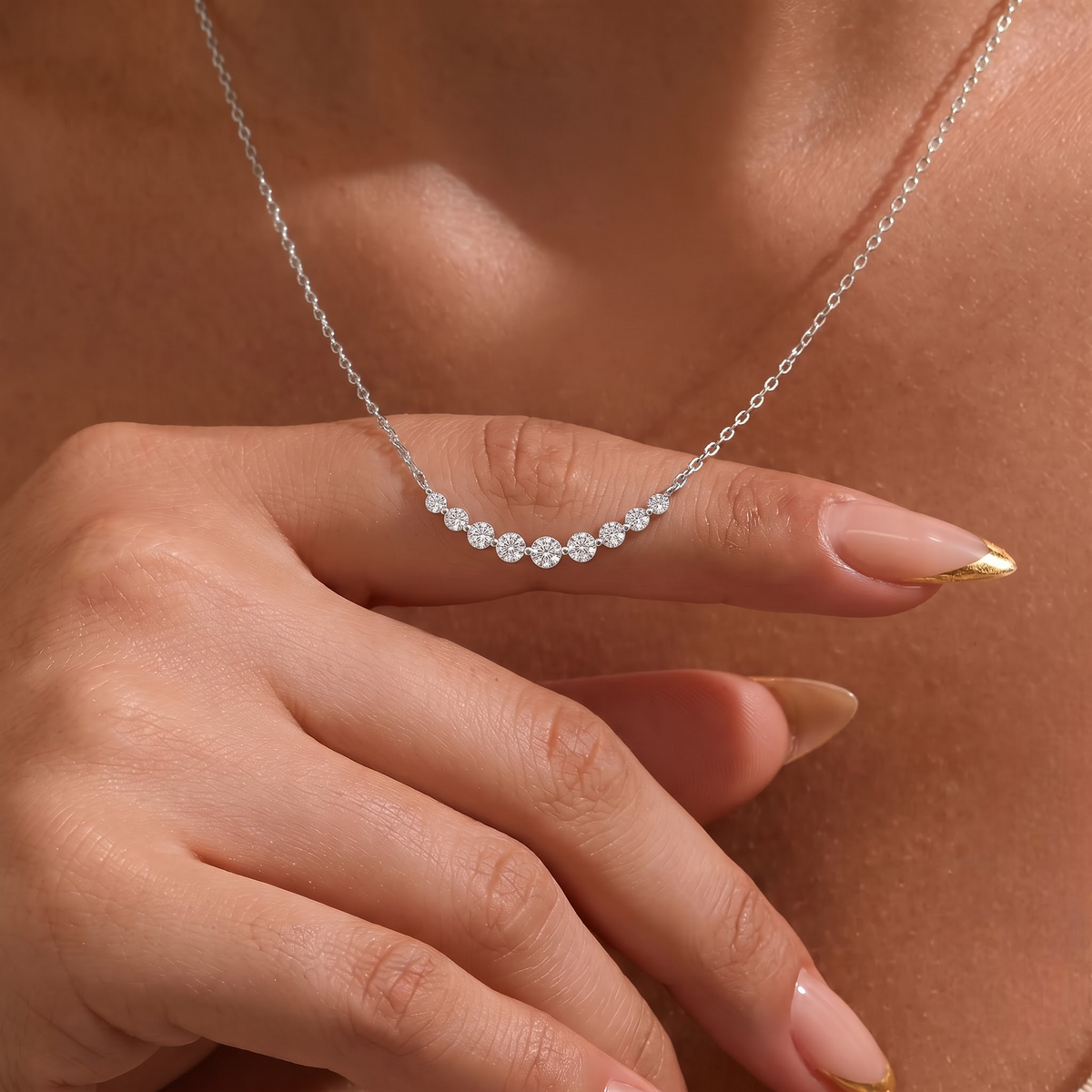 4.06 CT Round Graduated Lab Grown Diamond Pendant, worn on the neck 2